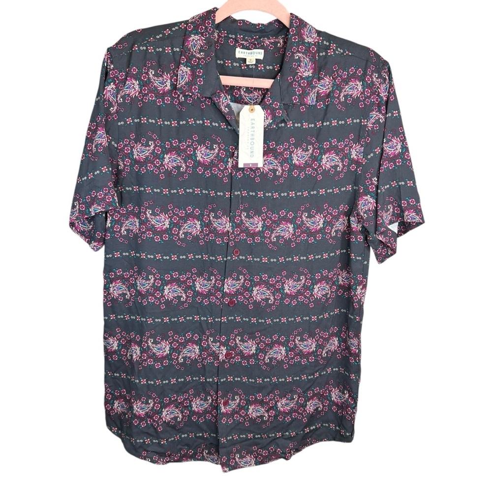 EARTHBOUND Men's Floral Button Down Shirt - Dark Gray and Pink